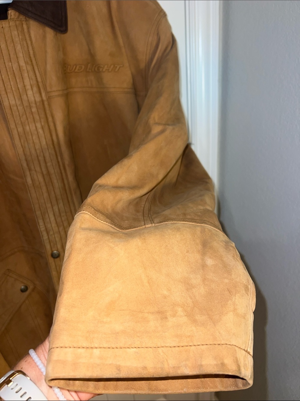 EUC! Vintage 1990s Bud Light Tan Leather Work Jacket by Excelled - Size 2X - Picture 6 of 15